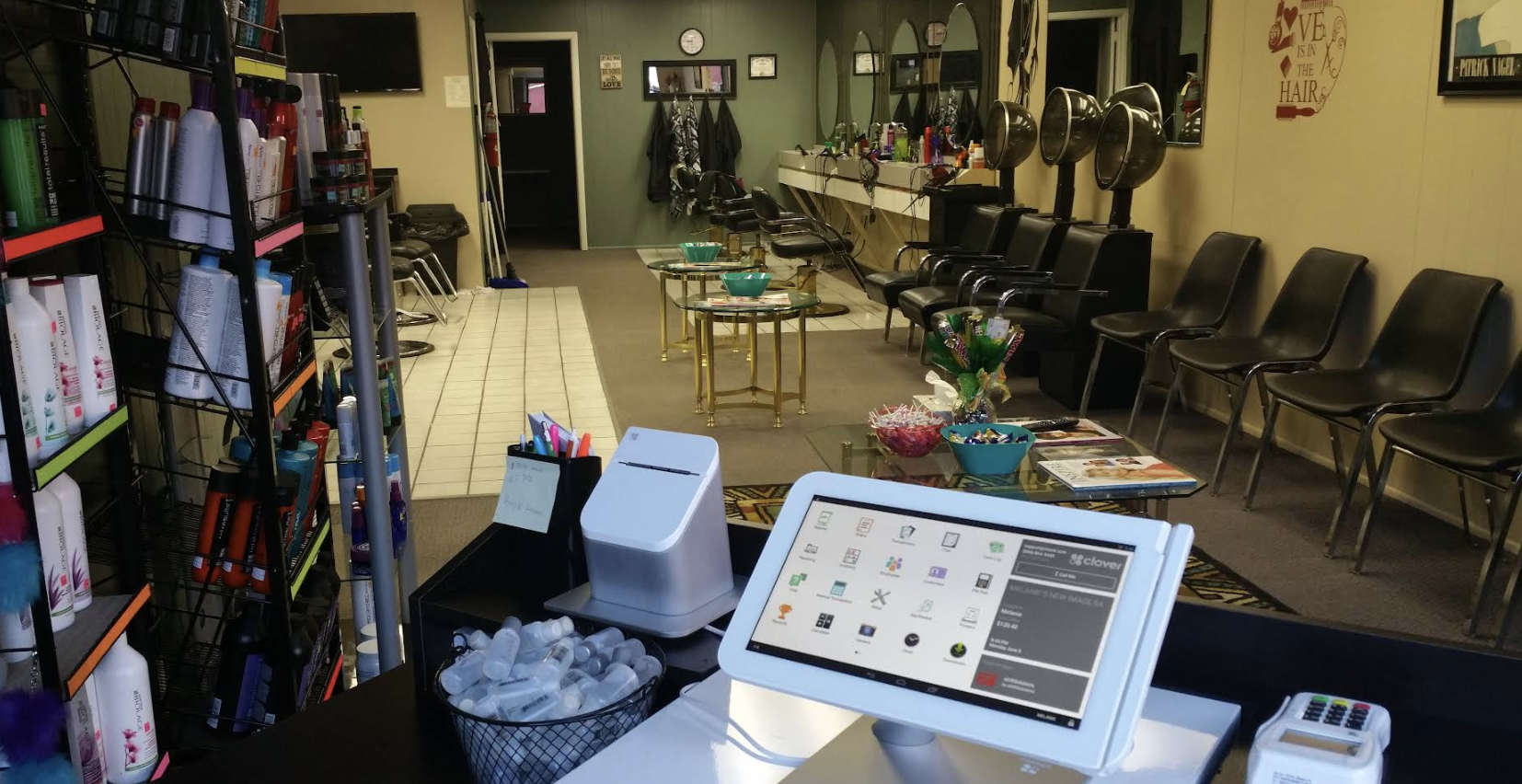 Reception and retail area of the salon