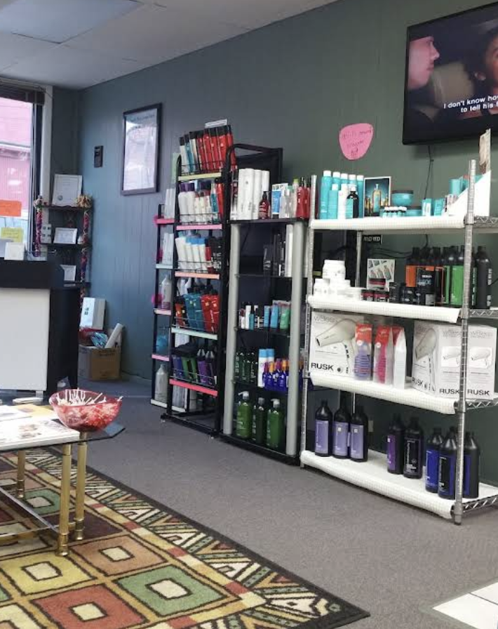 Product shelves inside the salon